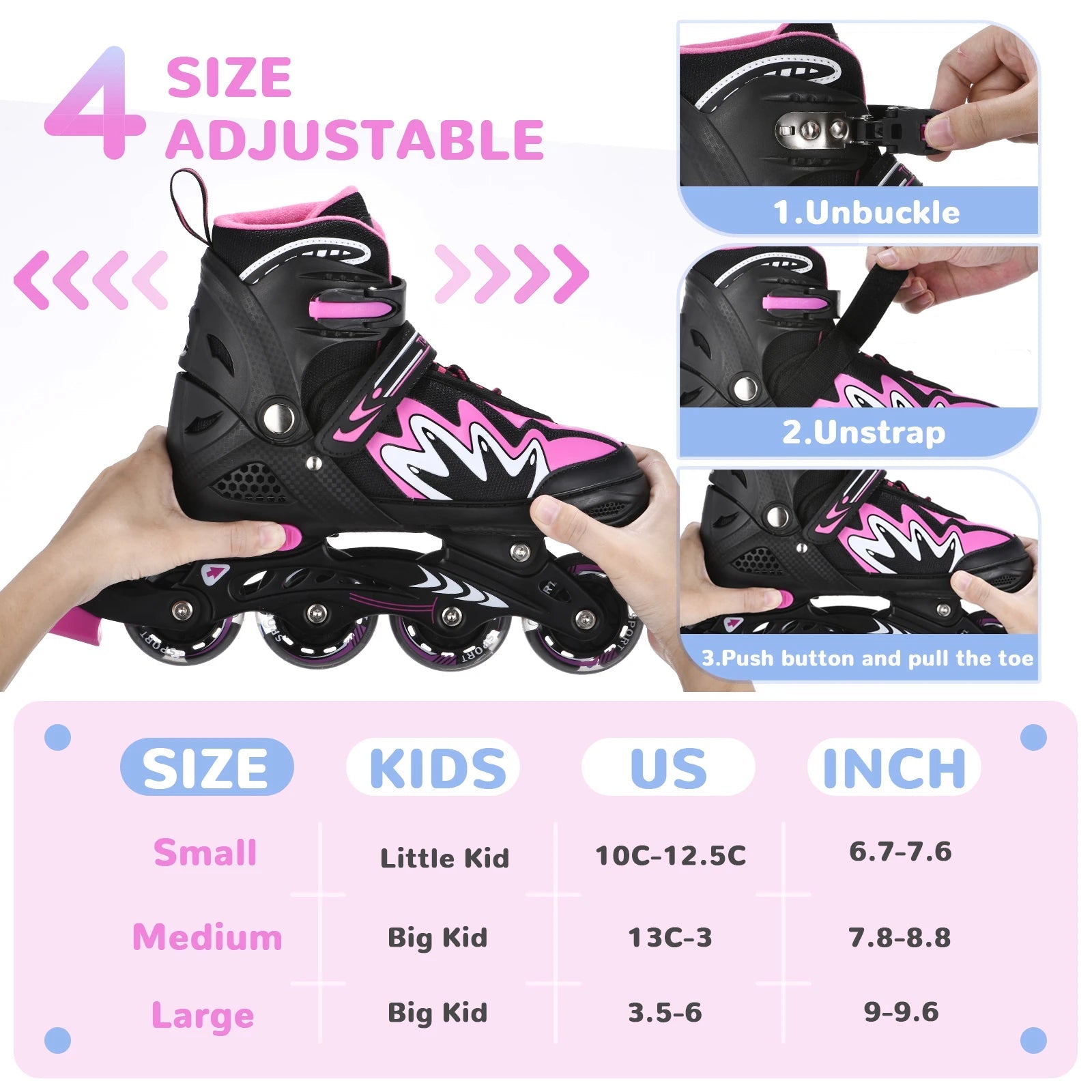 Kids adjustable roller blades with light-up wheels and secure triple closure system for boys and girls